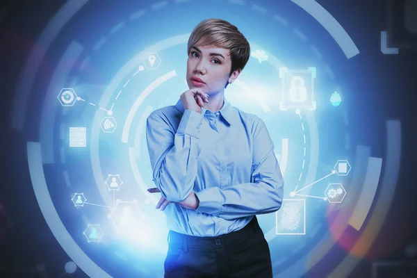 Thoughtful young businesswoman, HUD interface — Stock Photo, Image