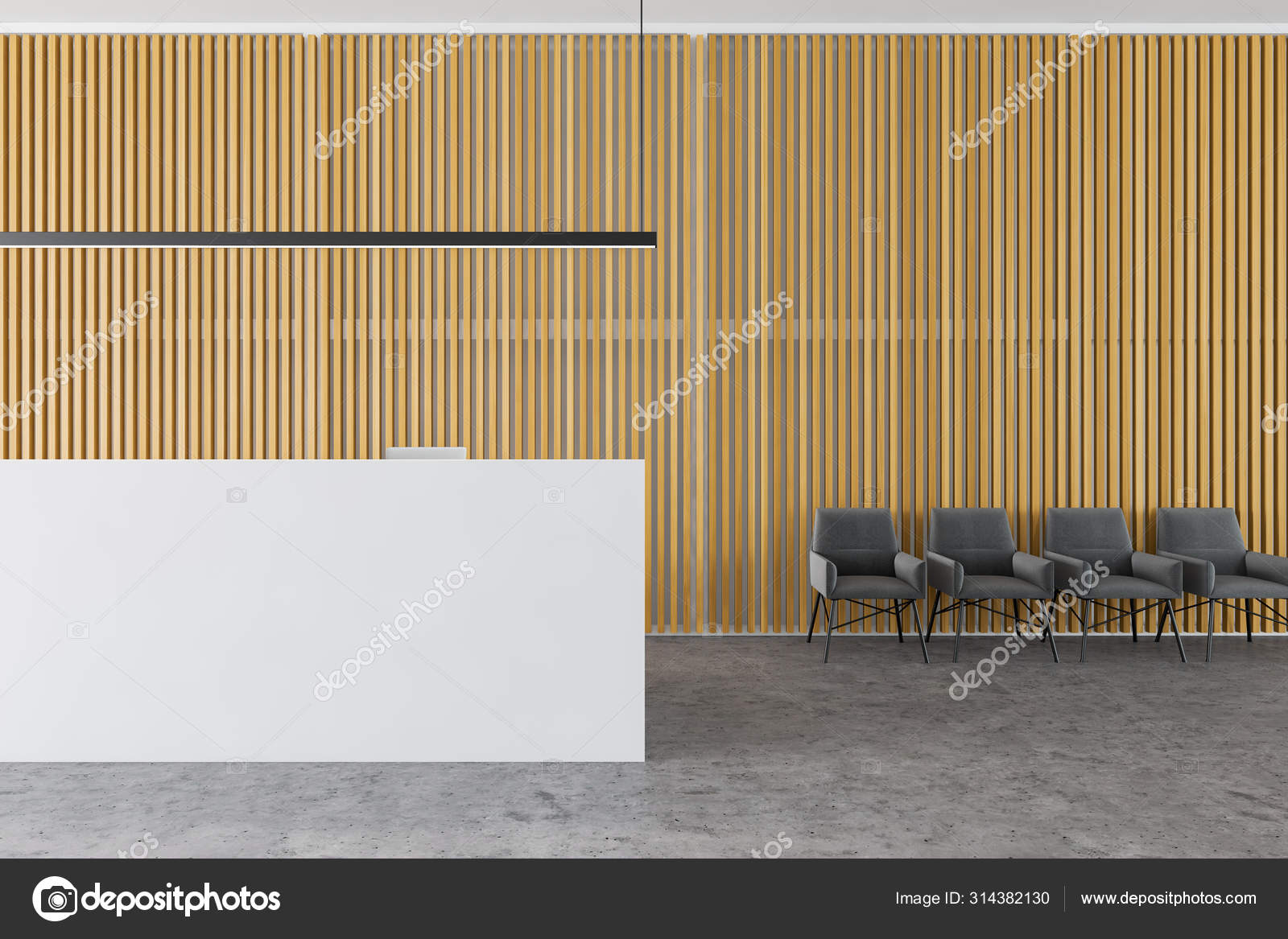 Reception Desk In Wooden Office Hall Armchairs Stock