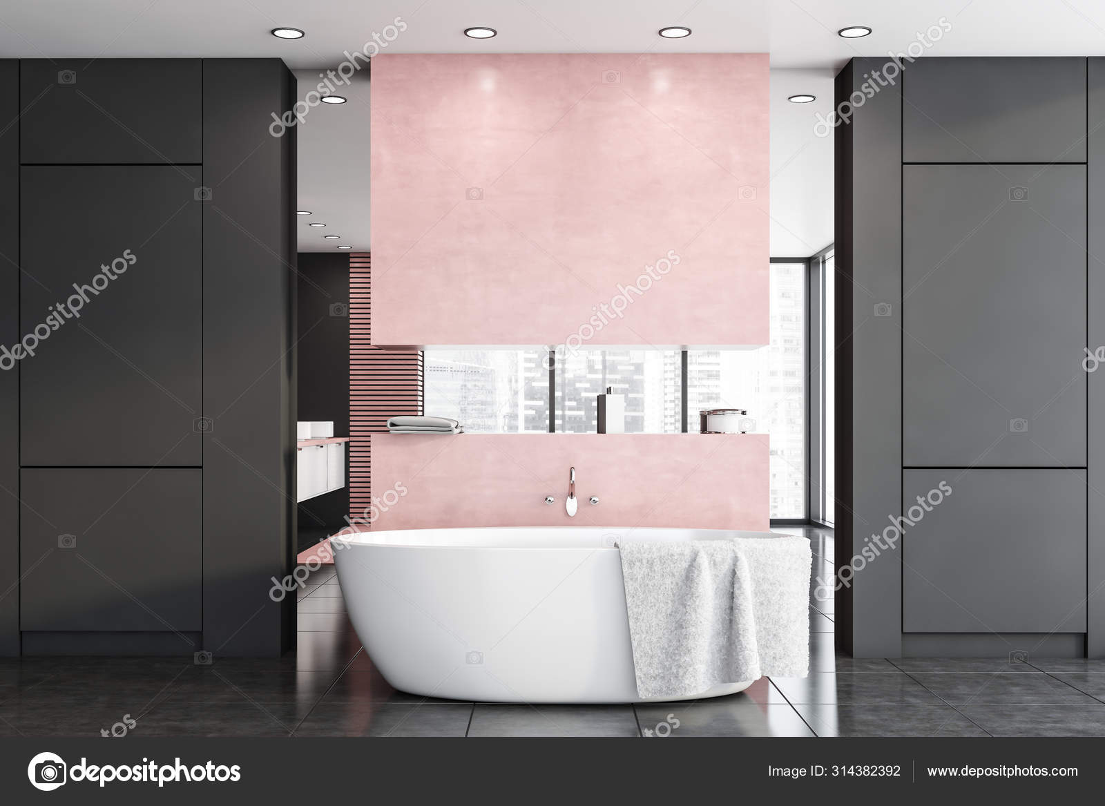 Pink Bathroom Interior With Tub Stock, Pink And Grey Bathroom