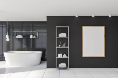 Dikey posterli gri fayanslı banyo