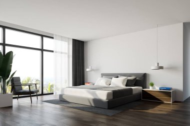 Beyaz panoramik kral yatak odası ve koltuk.