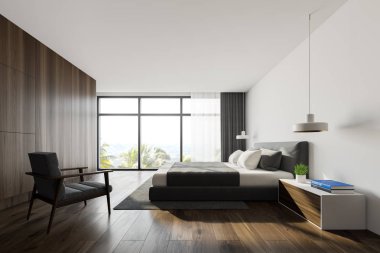 Beyaz ve tahta kral yatak odası, yan manzara.