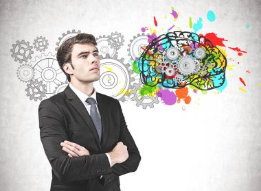 Kendine güvenen genç iş adamı beyin fırtınası skeci