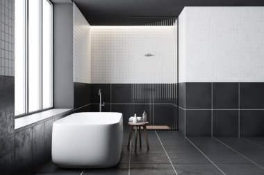 Fayanslı banyo, küvet ve duş manzarası