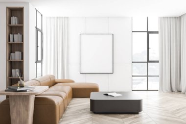 Beyaz oturma odası, deri kanepe ve poster.