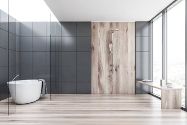 Küveti ve duşu olan gri kiremit ve ahşap banyo