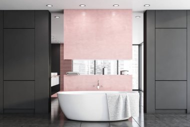 Küvetli gri ve pembe banyo.