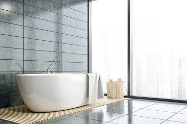 Küvetli panoramik gri fayanslı banyo köşesi