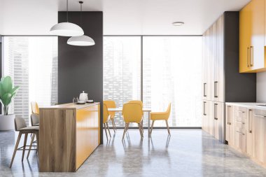 Çubuklu panoramik gri mutfağın yan görüntüsü