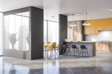 Geniş gri mutfak ve bar.