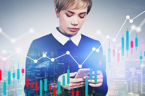 Woman with smartphone in city, forex chart — Stok fotoğraf