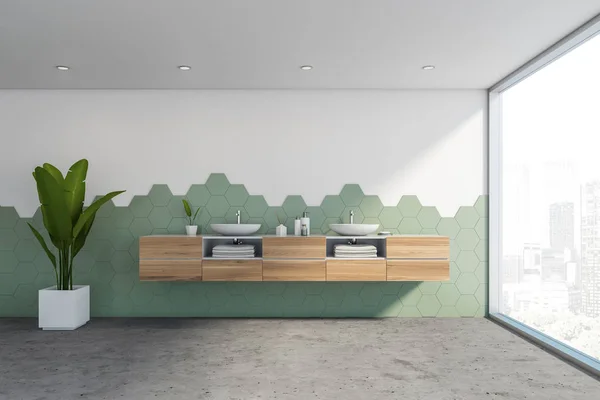 Белая и зеленая ванная комната с двойной раковиной — стоковое фото