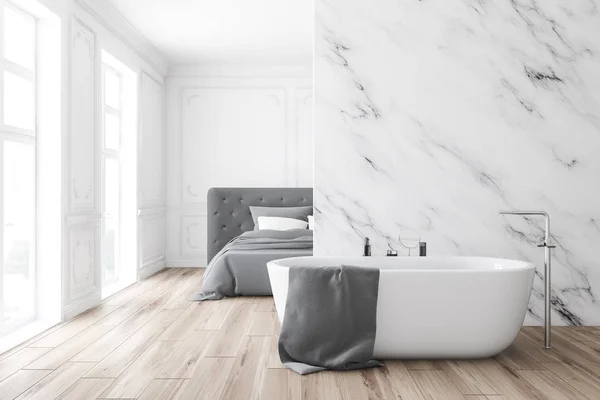 Luxury white marble bedroom and bathroom, tub — Stock Photo, Image