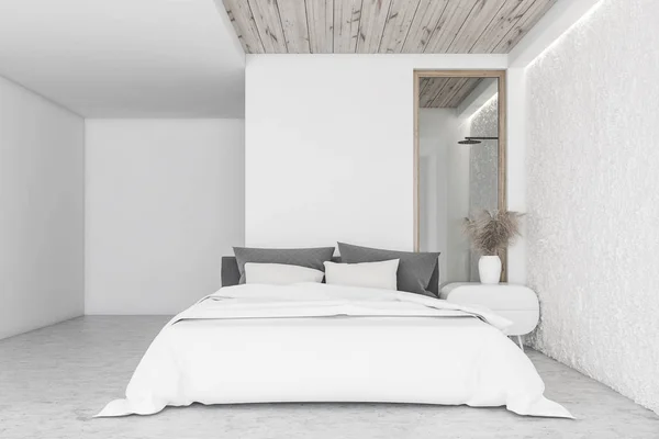 Vit sovrum interiör med dusch — Stockfoto