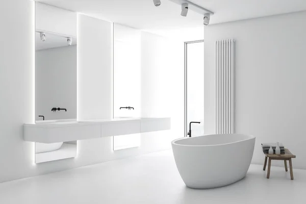 White bathroom corner, tub and double sink — Stock Photo, Image