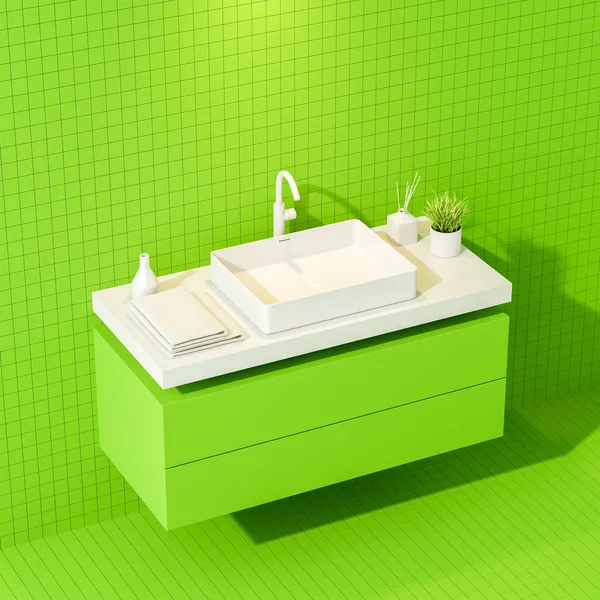 Πάνω όψη του νεροχύτη στο πράσινο μπάνιο πλακιδίων — Φωτογραφία Αρχείου