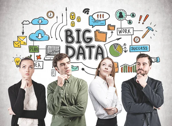 Pensive business team, big data sketch — Stock Photo, Image