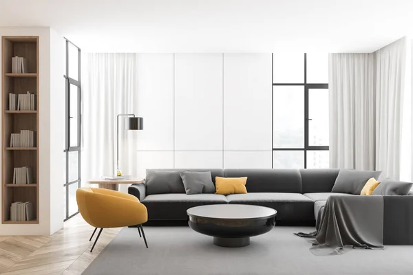 Salón blanco con sofá gris y sillón —  Fotos de Stock