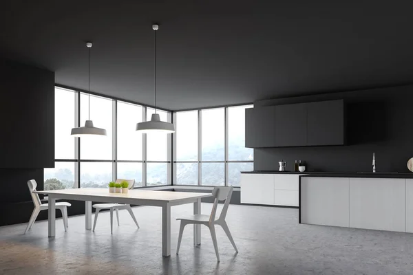 Canto de cozinha cinza e branco com mesa — Fotografia de Stock
