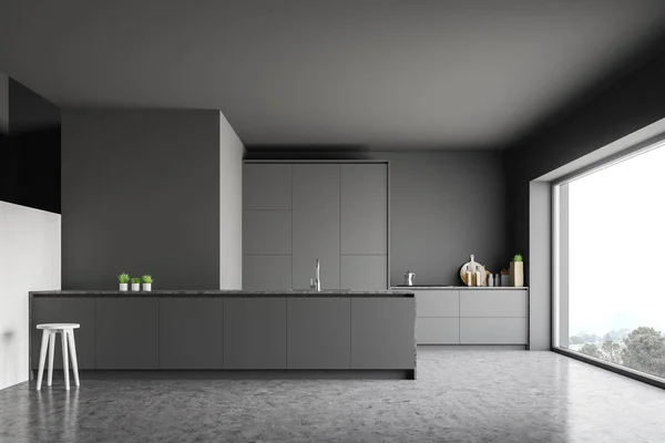 Intérieur de cuisine grise avec comptoirs et bar — Photo