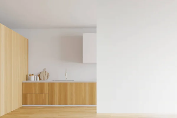 Elegante cocina de madera y blanco, simulacro de pared — Foto de Stock