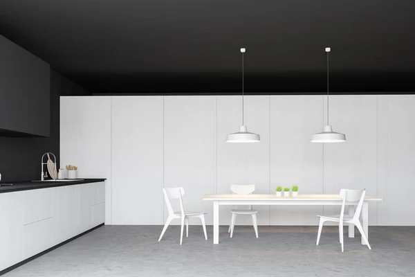 Mesa de comedor en cocina gris y blanca — Foto de Stock