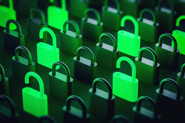 Cadeados verdes e pretos, segurança digital — Fotografia de Stock