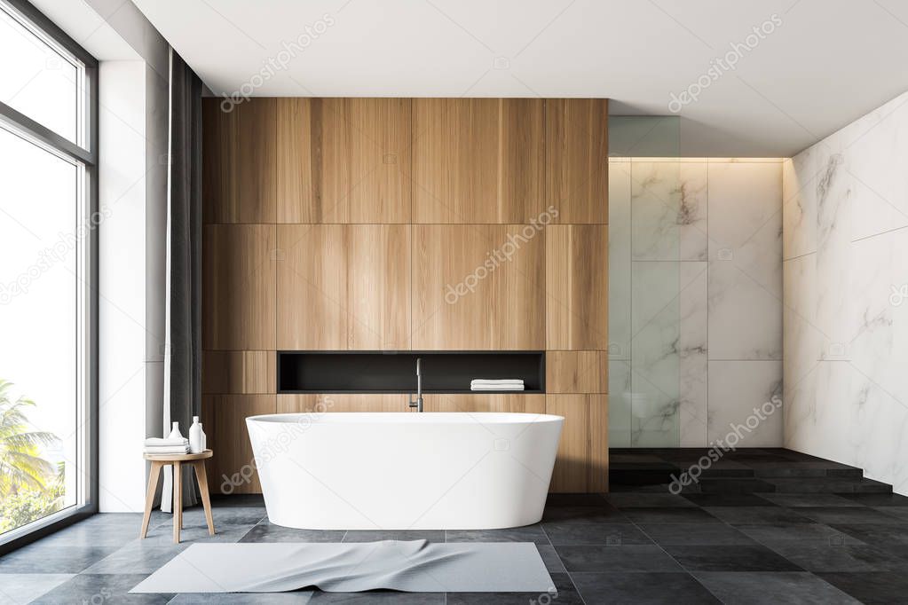 White marble and wooden bathroom interior with tub