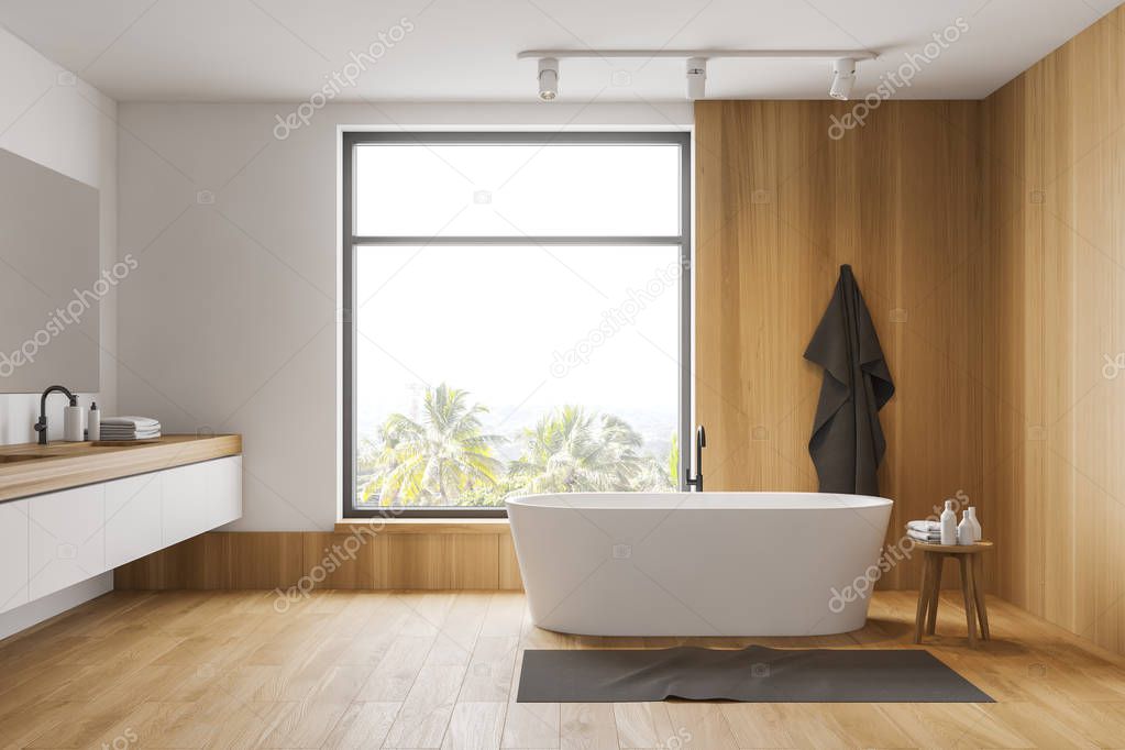 Stylish white and wood bathroom interior