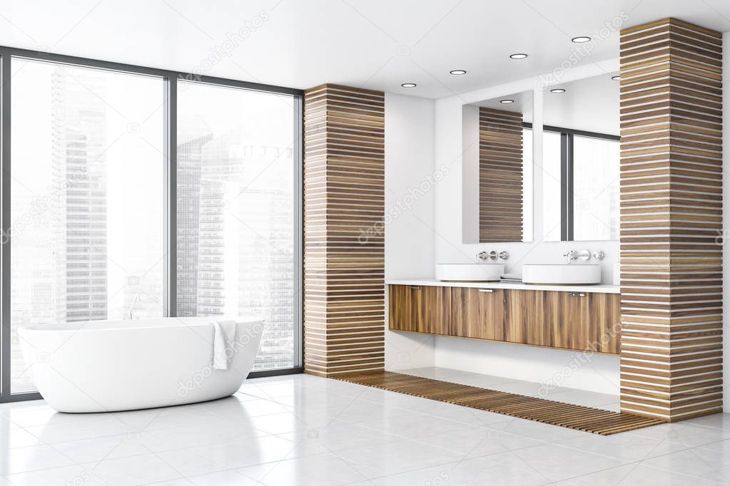 Panoramic wooden and white bathroom
