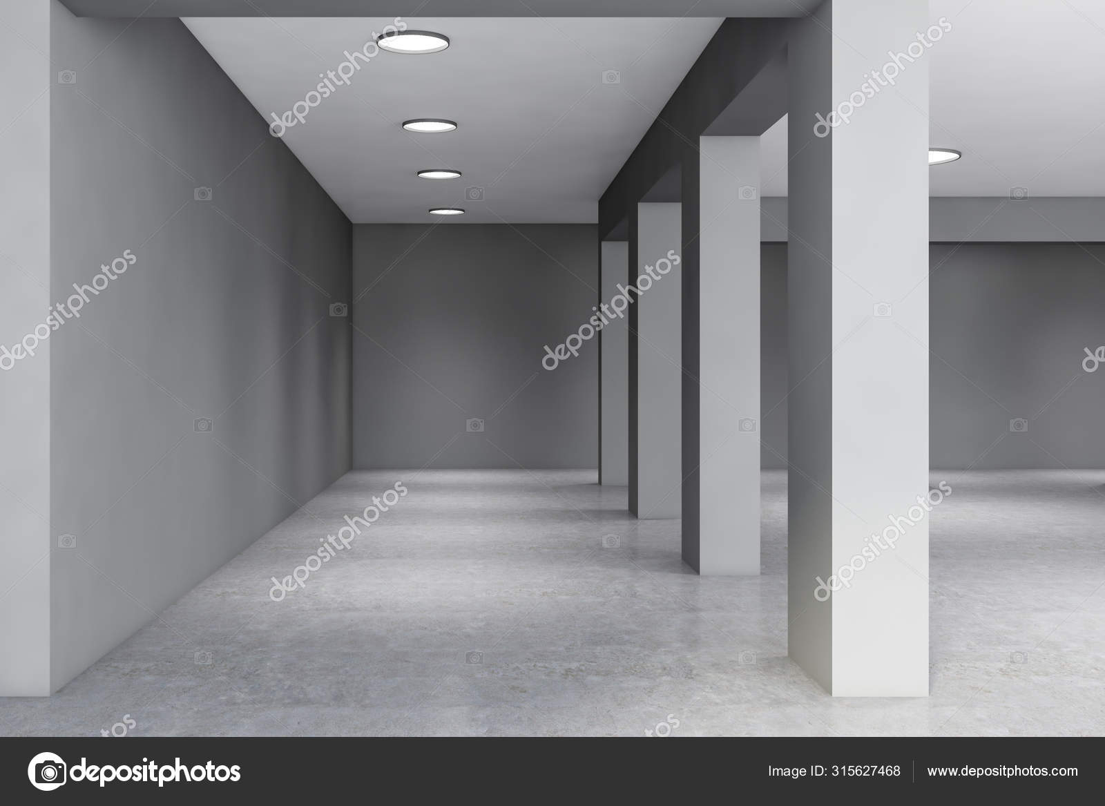 Gray salón de oficinas vacío con columnas — Foto de stock #315627468 ©  denisismagilov, image size:1600x1167