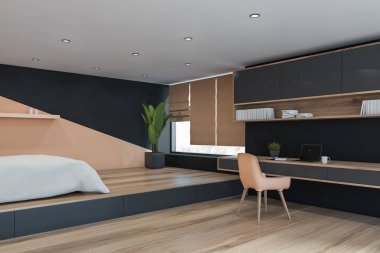 Bej ve siyah ev ofisi köşesi.