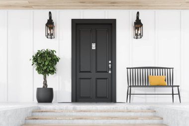 Black front door of white house, tree and bench clipart