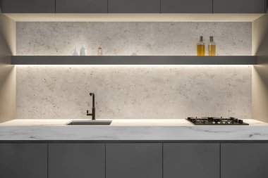 Beyaz tezgahlı gri mutfak