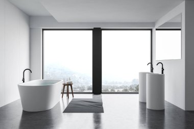 Yuvarlak lavabolu beyaz banyo.
