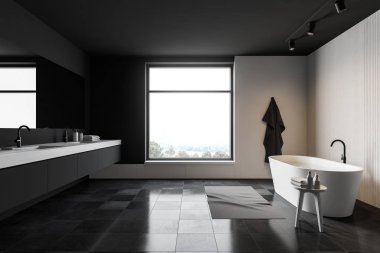 Gri ve beyaz banyo yan görünümü