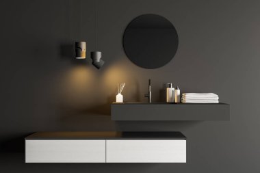 Gri banyoda lavabo yakın çekim