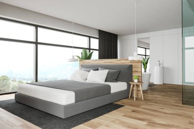 Beyaz yatak odası ve banyo iç kısmı.