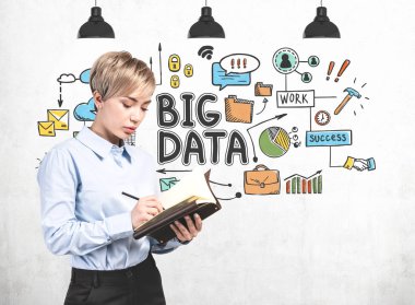 Not defteri ve büyük veri çizimi olan kadın