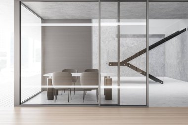 Beton ve merdivenli ahşap yemek odası.