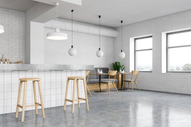 Kanepeli beyaz tuğla bar köşesi