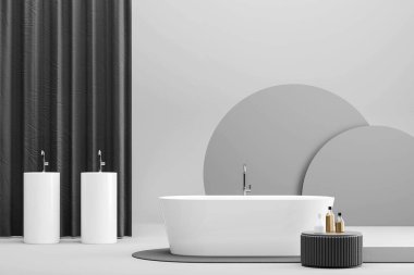 Perdeli beyaz ve gri banyo.