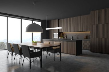 Panoramik gri ve ahşap mutfak köşesi