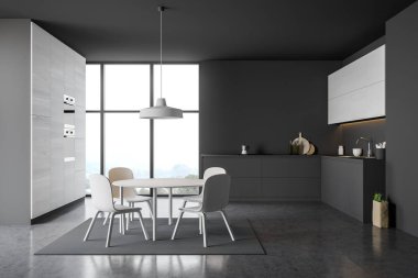 Yemek masası olan beyaz ve gri mutfak.