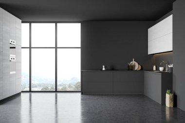 Tezgahlı beyaz ve gri mutfak.