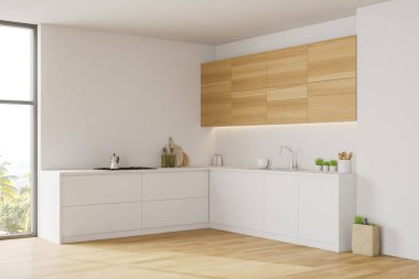 Ahşap dolaplı beyaz mutfak köşesi