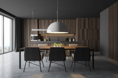 Masa ile koyu ahşap mutfak iç