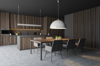 Masalı, koyu ahşap mutfak köşesi.