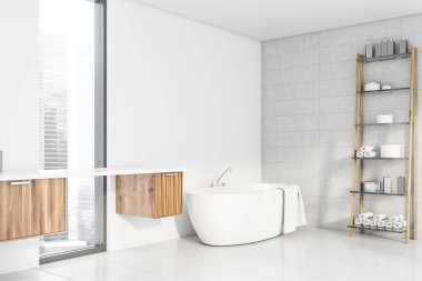 Küvetli ve raflı beyaz banyo köşesi