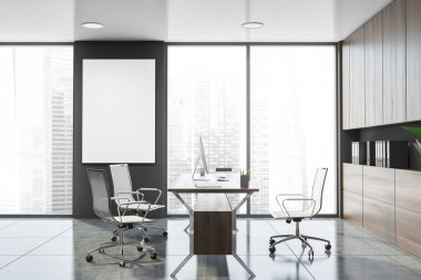 Gri ve ahşap posterli Ceo ofisi